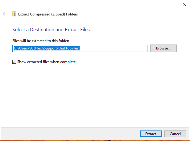 A screenshot of the Windows 10 dialogue asking where to unzip the contents of a compressed (or zipped) folder with the default being the location where the zipped file is located.