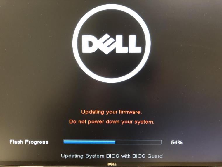 An image of a Dell computer startup screen showing a firmware update in process - 