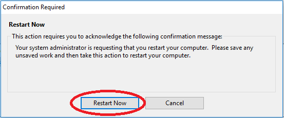 A BigFix popup box which asks to confirm you wish to restart your computer now with the 
