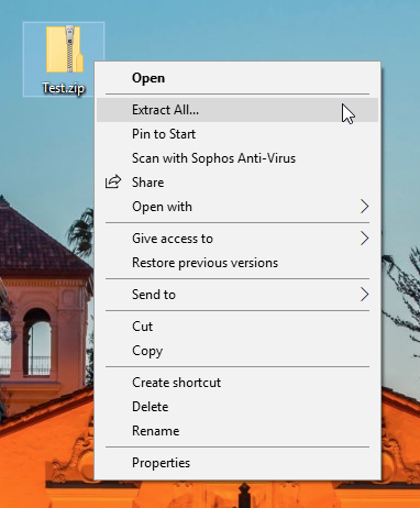 A screenshot of a Windows 10 desktop with the compressed folder 
