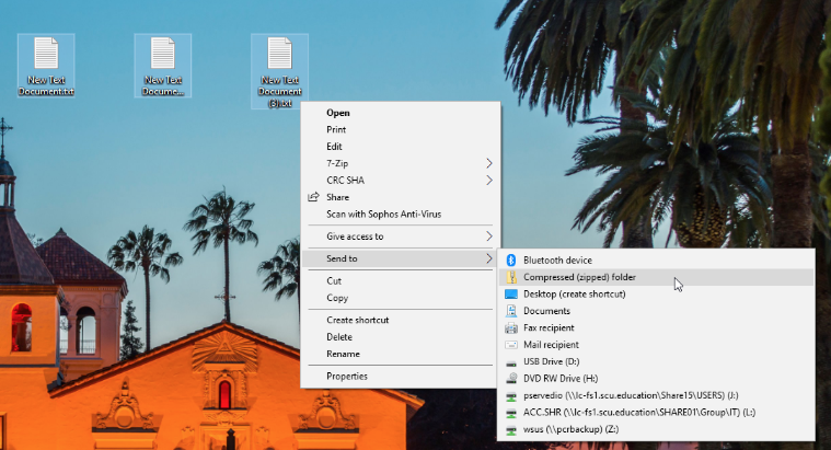A screenshot of the Windows 10 desktop showing three text documents highlighted with the context menu showing 