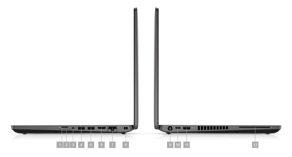 An image of the sides of the Dell Latitude 5400 laptop showing the available ports and connectors.