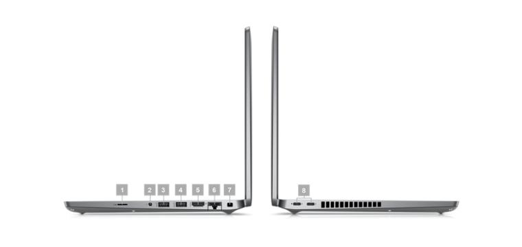 An image of the Dell Latitude 5430 showing the left and right hand side of the laptop with the ports numbered for identification.