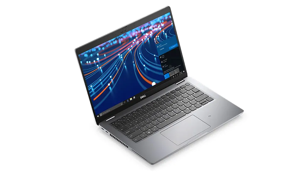 An image of a Dell Latitude 5420 laptop with the lid open, showing the screen powered on and the Windows desktop.