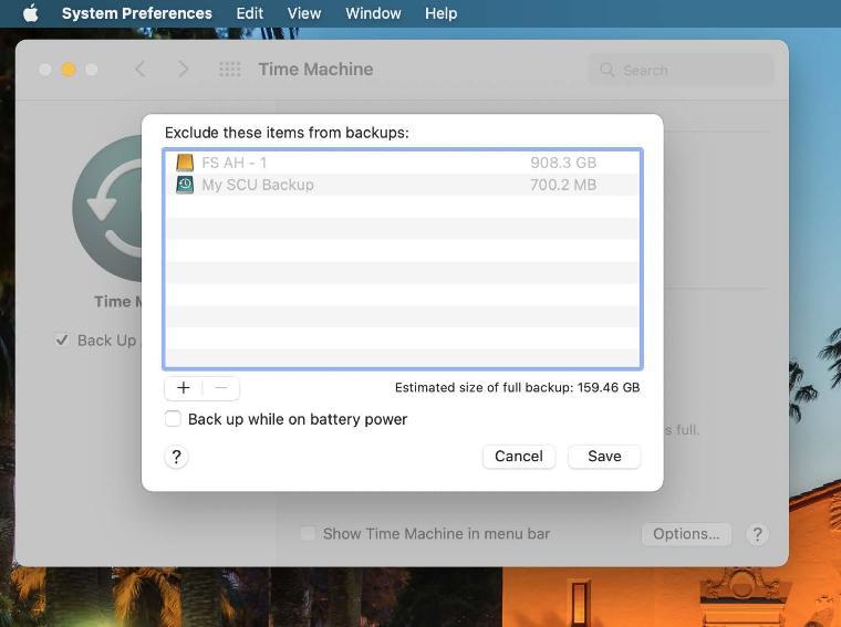 An image of the Time Machine panel in macOS System Preferences showing an 