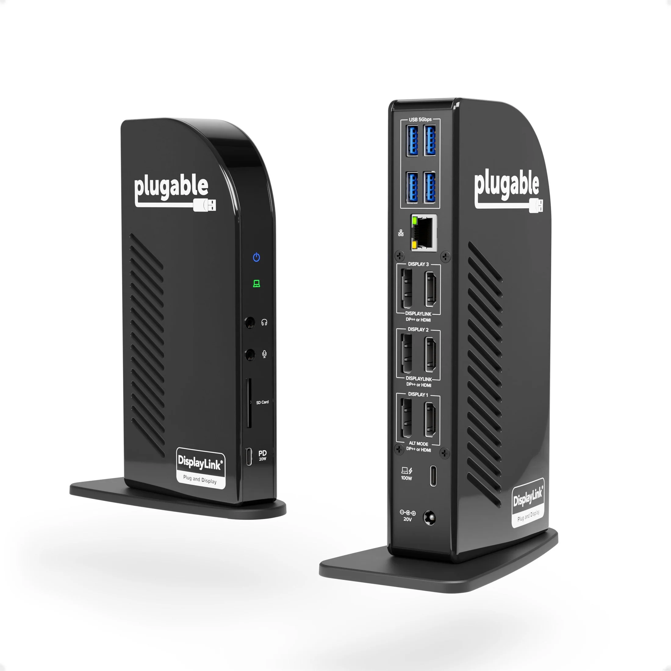 Image showing the front and back of the Plugable brand docking station.