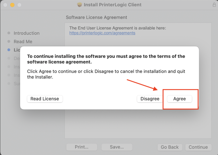 A license agreement for the PrinterLogic client.