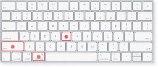 A Mac keyboard showing the Shift, Command and G keys highlighted with red dots.