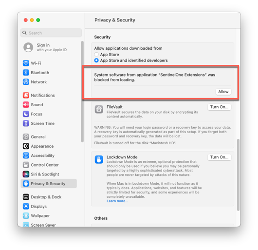 The macOS Ventura System Settings, Privacy and Security window with the allow extension area highlighted with a red box.