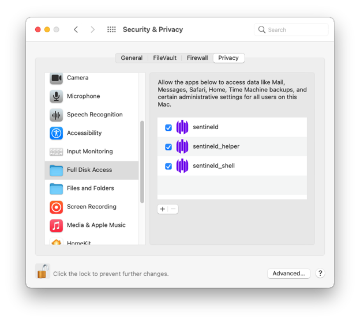 The full disk access Security and Privacy window in macOS Monterey showing the three SentinelOne files added.