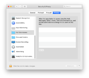 The macOS Monterey Security and Privacy system preference with Full Disk Access selected on the left-hand side of the window.