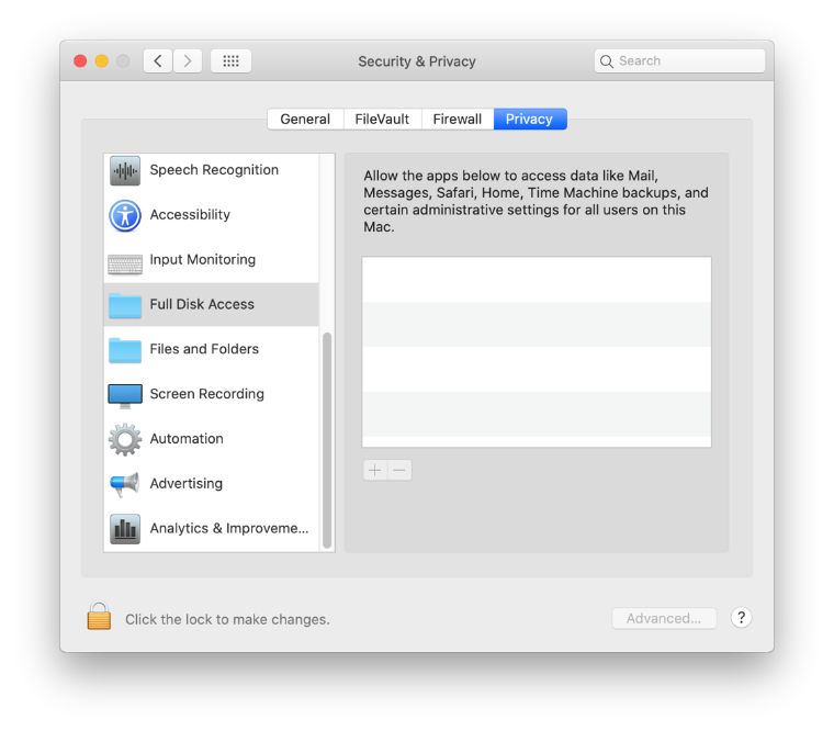 The macOS Security and Privacy system preference window with the 