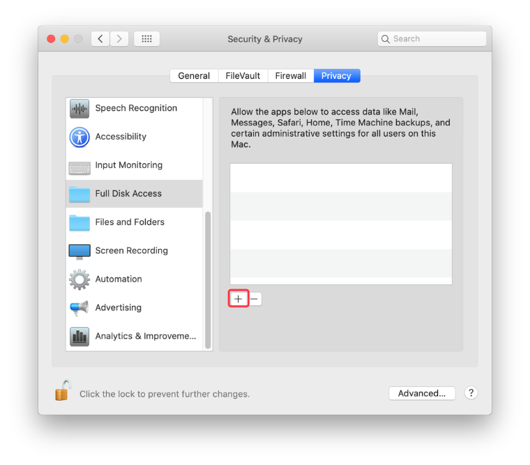 The Security and Privacy Full Disk Access window in macOS with the plus symbol highlighted with a red box.