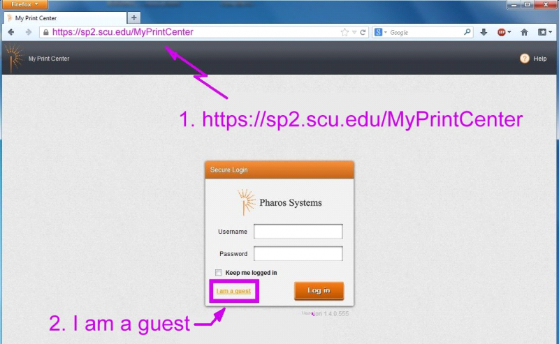 The SmartPrint Guest Printing Login web page.  Click on 