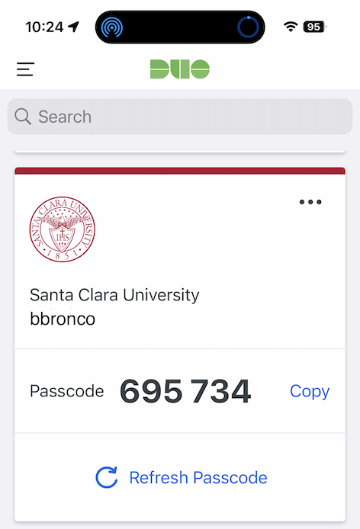 Screenshot of the Duo Mobile App passcode feature