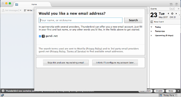 Thunderbird setup screen for Gmail on a computer.