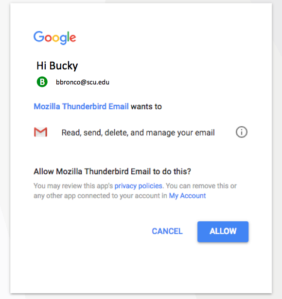 Gmail permissions screen for Thunderbird email access with Allow and Cancel buttons.