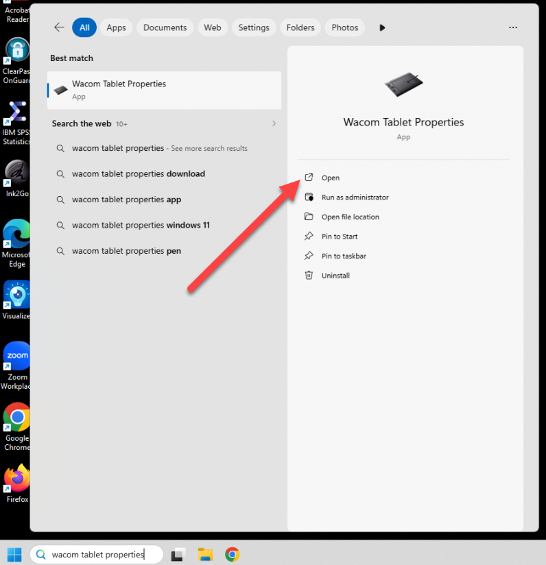 Open Start Menu and search for Wacom Tablet Properties