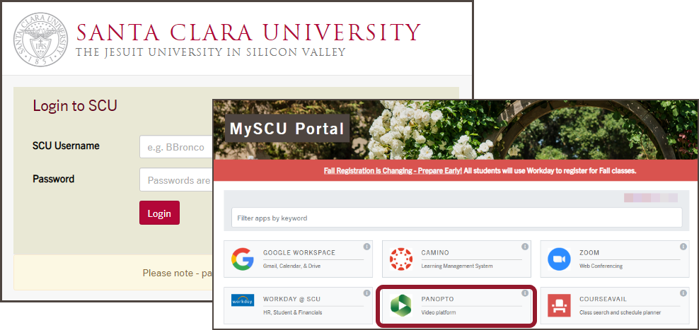 sign in to SCU portal then click panopto tile