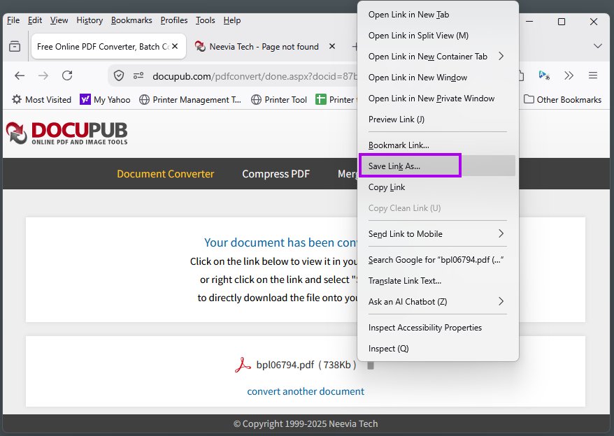 docupub.com Screenshot of how to right-click the converted filename and save it back to your computer.