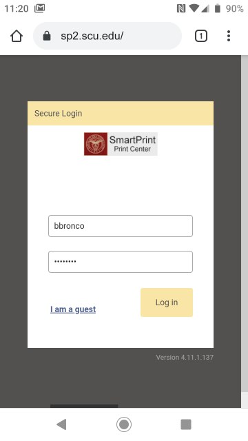 Screen capture of the username and password filled in on the SmartPrint Print Center mobile device version