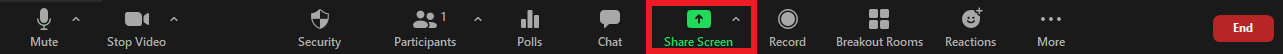 share screen icon on Zoom menu bar Share Screen on the meeting control toolbar