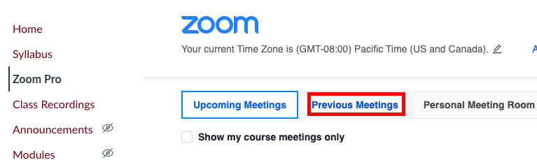 previous meetings tab in Zoom Pro