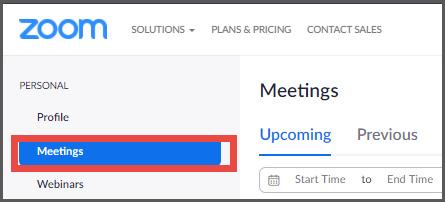 Zoom interface showing the Meetings tab selected and Upcoming meetings list.