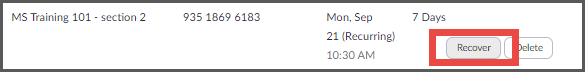 Interface showing Recover Meeting option highlighted in red.