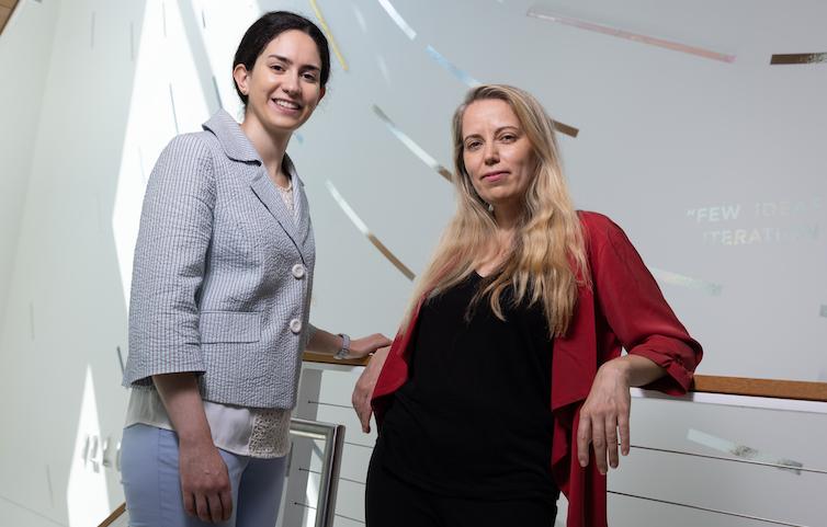 Juliana Shihadeh ’19, M.A. ’21, Ph.D. '24, left, with mentor Maya Ackerman, assistant professor of computer science and engineering. Shihadeh led the writing on a new SCU study about 