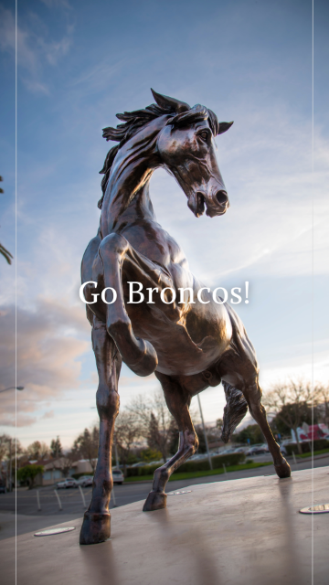 Bronco statue rearing with background of sky and trees at sunset.