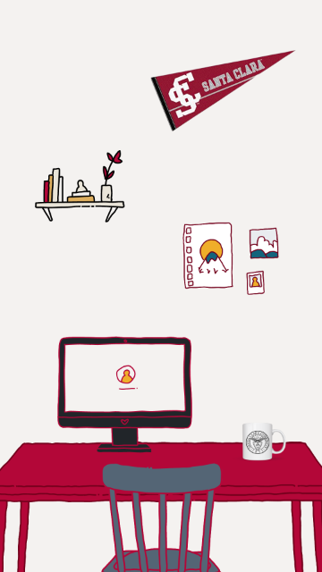 Illustration of a desk with a computer, chair, and wall decorations.
