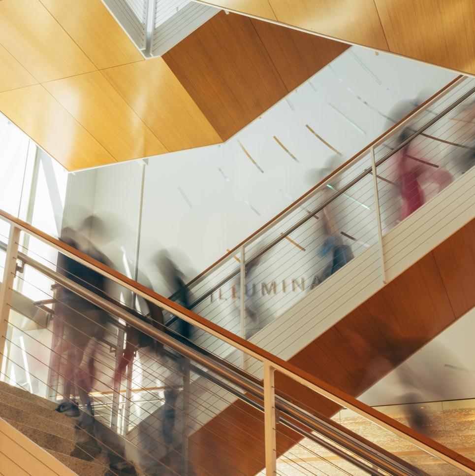 Students in blur walking up the stairs. 