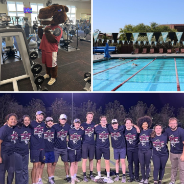 Collage of Bucky working out in the Malley Center, a picture of the pool, and the champions of an intramural league