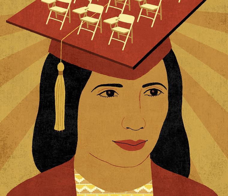 Illustration of a person with a graduation cap showing desks and chairs. image link to story