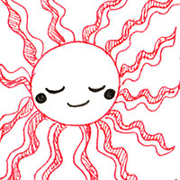 Illustrated sun with closed eyes and wavy red rays.
