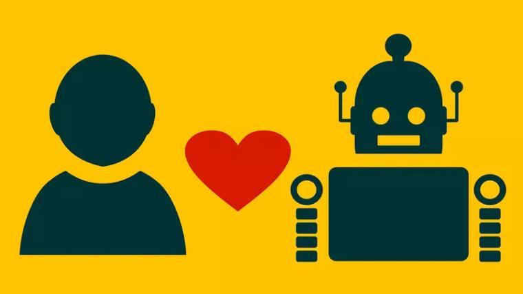 Person and robot with a heart between them on a yellow background. image link to story