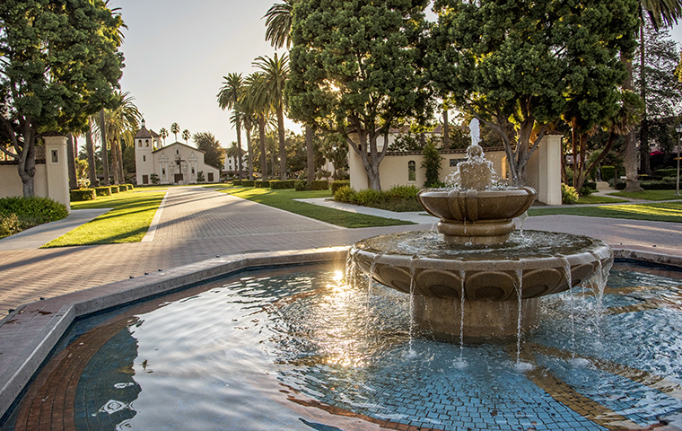 A picture of the fountain leading up to the Mission Church