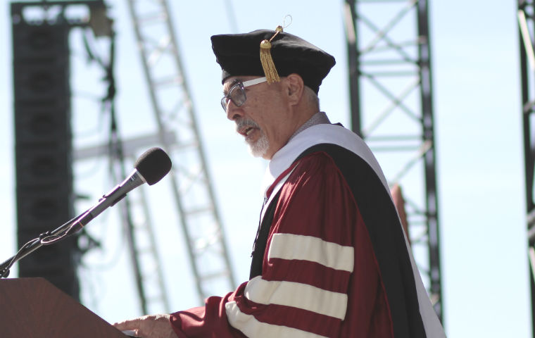 Poet laureate Juan Felipe Herrera addressing Class of 2017 image link to story