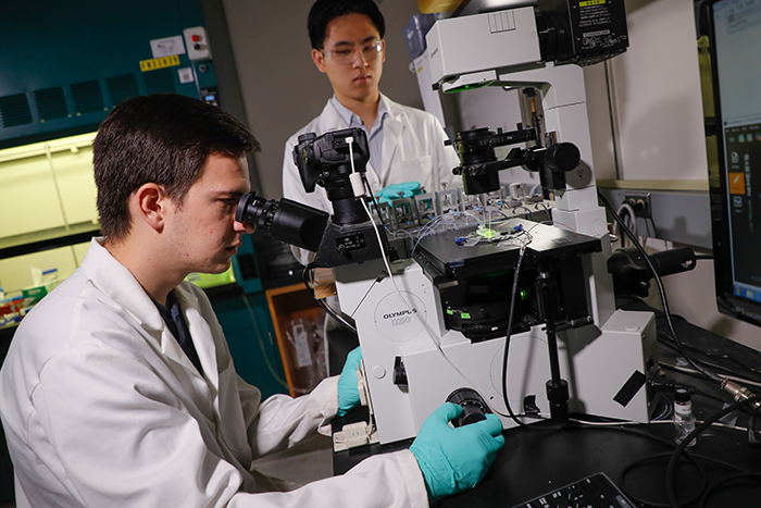 Two students working on lab equipment