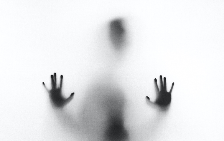 Silhouette of person pressing against glass