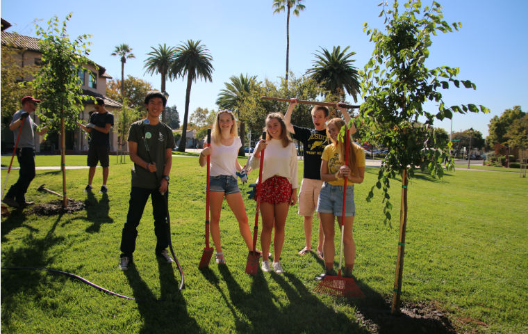 Students on campus planting trees. Smiling facing camera. image link to story