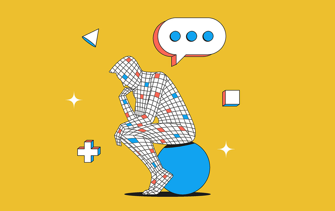 Cartoon man sits on ball, thinking. Thought bubble above his head.