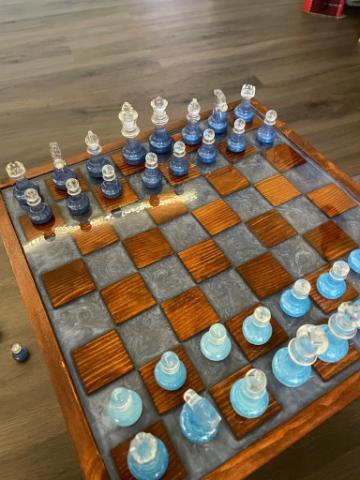 A chess board that An created in his home using resin.