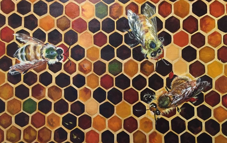 A painting of a honeycomb with bees on top