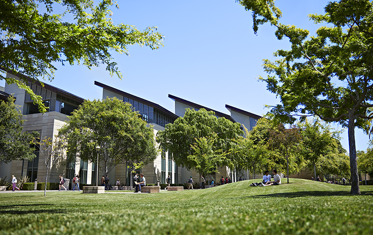 View of library from side with grass in foreground