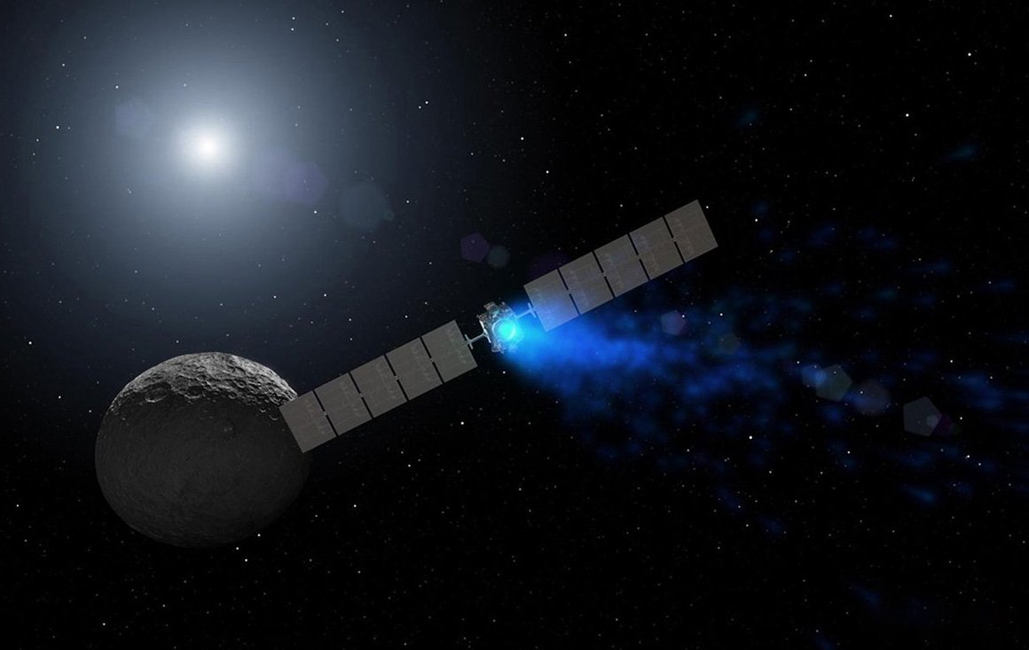 Artist's rendering of NASA's Dawn spacecraft orbiting dwarf planet