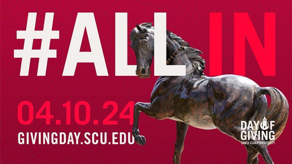 An illustration of the SCU bronco statue with the words All in for SCU and Day of Giving.