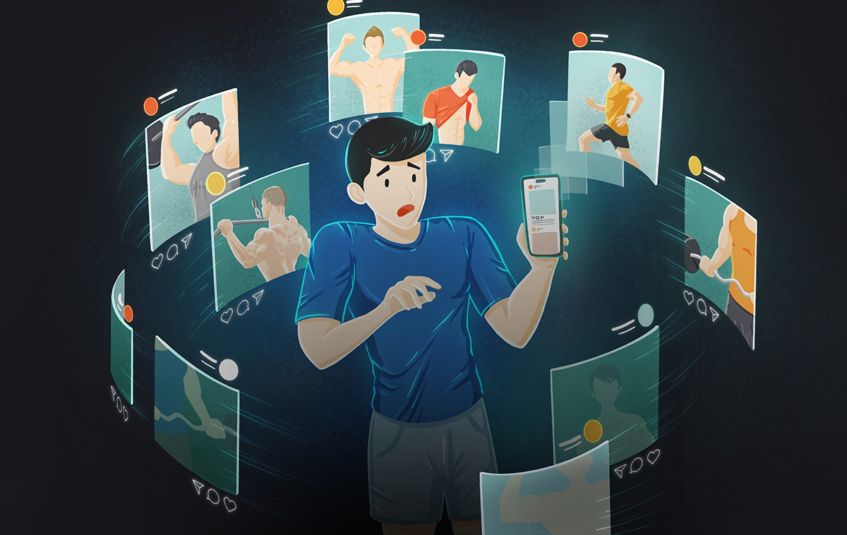 Illustration of distressed person with device screens with fitness images swirling around them.