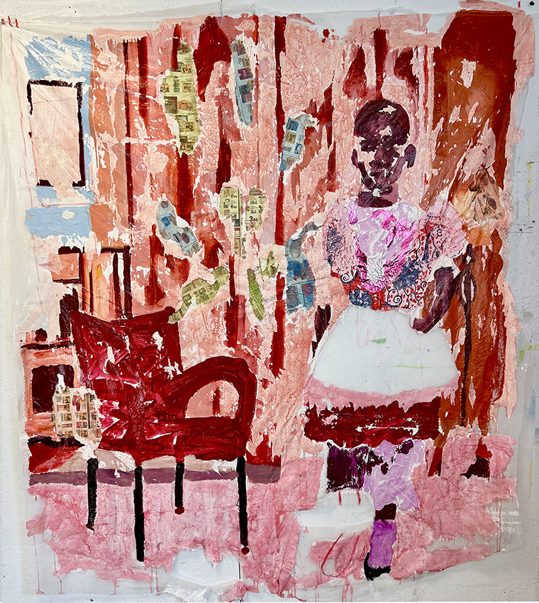 A multi media art piece of a girl in a pink dress in a room with a red chair. The piece is tattered, collaged onto a plastic netting.